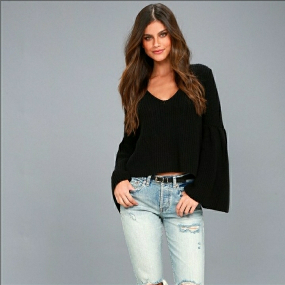 Free People Damsel Knit Black Sweater Top Bell Sleeve V-neck Size S